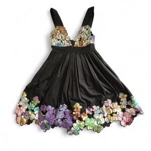 Carmen Marc Valvo Black Orchid Appliqué Cocktail Dress Size Small